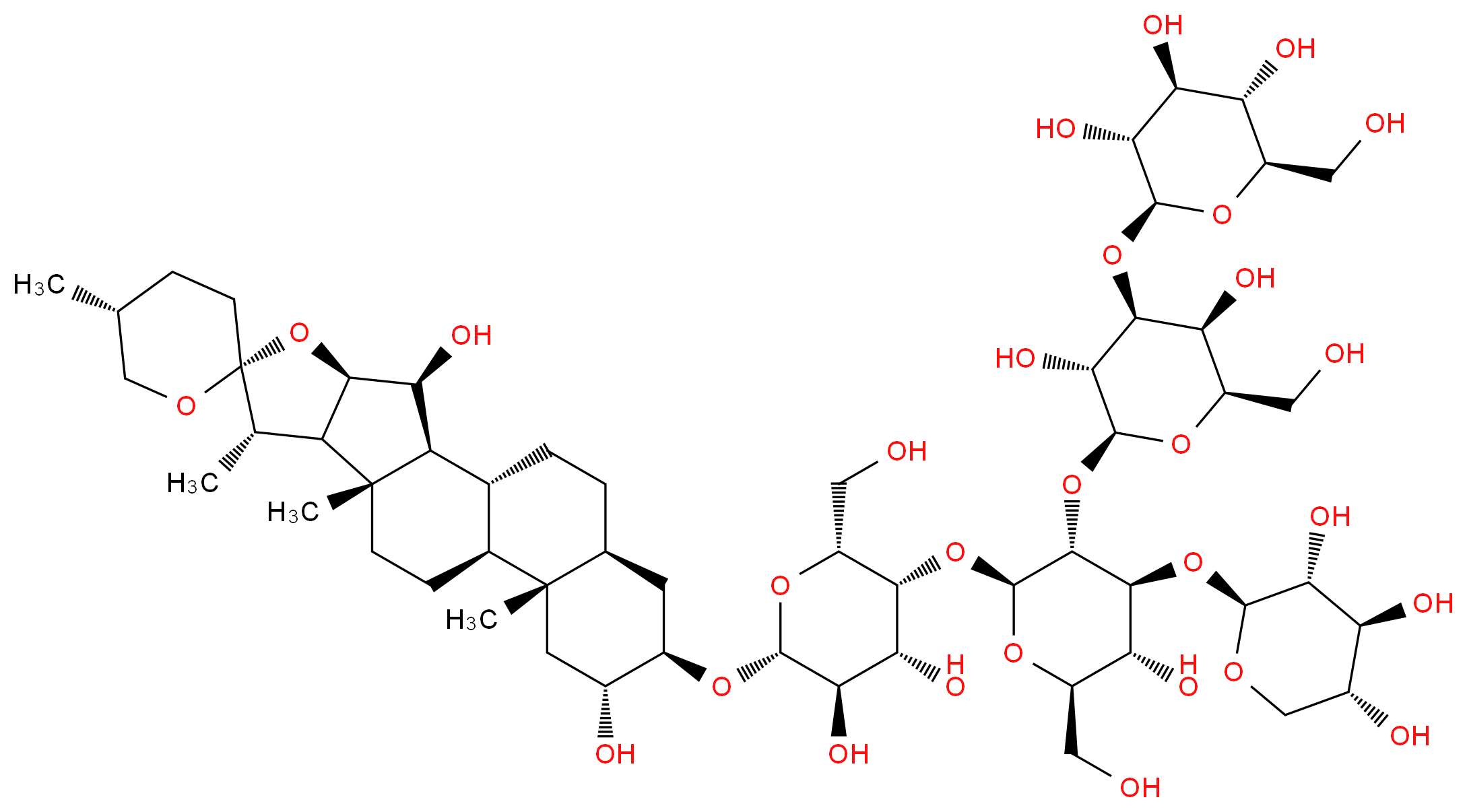 (2S,3R,4S,5S,6R)-2-{[(2S,3R,4S,5S,6R)-2-{[(2S,3R,4S,5R,6R)-2-{[(2R,3R,4R,5R,6R)-4,5-dihydroxy-2-(hydroxymethyl)-6-[(1'R,2R,2'S,3'S,4'R,5R,7'S,8'R,9'S,12'S,13'S,15'R,16'R,18'S)-5,7',9',13'-tetramethyl-5'-oxaspiro[oxane-2,6'-pentacyclo[10.8.0.0?,?.0?,?.0??,??]icosane]-3',15'-dioloxy]oxan-3-yl]oxy}-5-hydroxy-6-(hydroxymethyl)-4-{[(2S,3R,4S,5R)-3,4,5-trihydroxyoxan-2-yl]oxy}oxan-3-yl]oxy}-3,5-dihydroxy-6-(hydroxymethyl)oxan-4-yl]oxy}-6-(hydroxymethyl)oxane-3,4,5-triol_分子结构_CAS_11024-24-1