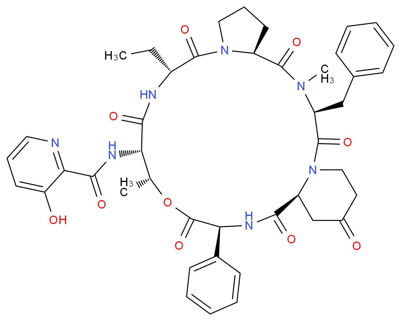 N-[(3S,6S,12R,15S,16R,19S,22S)-3-benzyl-12-ethyl-4,16-dimethyl-2,5,11,14,18,21,24-heptaoxo-19-phenyl-17-oxa-1,4,10,13,20-pentaazatricyclo[20.4.0.0<sup>6</sup>,<sup>1</sup><sup>0</sup>]hexacosan-15-yl]-3-hydroxypyridine-2-carboxamide_分子结构_CAS_23152-29-6