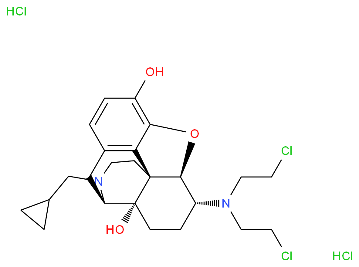 (1S,5R,13R,14R,17S)-14-[bis(2-chloroethyl)amino]-4-(cyclopropylmethyl)-12-oxa-4-azapentacyclo[9.6.1.0<sup>1</sup>,<sup>1</sup><sup>3</sup>.0<sup>5</sup>,<sup>1</sup><sup>7</sup>.0<sup>7</sup>,<sup>1</sup><sup>8</sup>]octadeca-7(18),8,10-triene-10,17-diol dihydrochloride_分子结构_CAS_67025-98-3