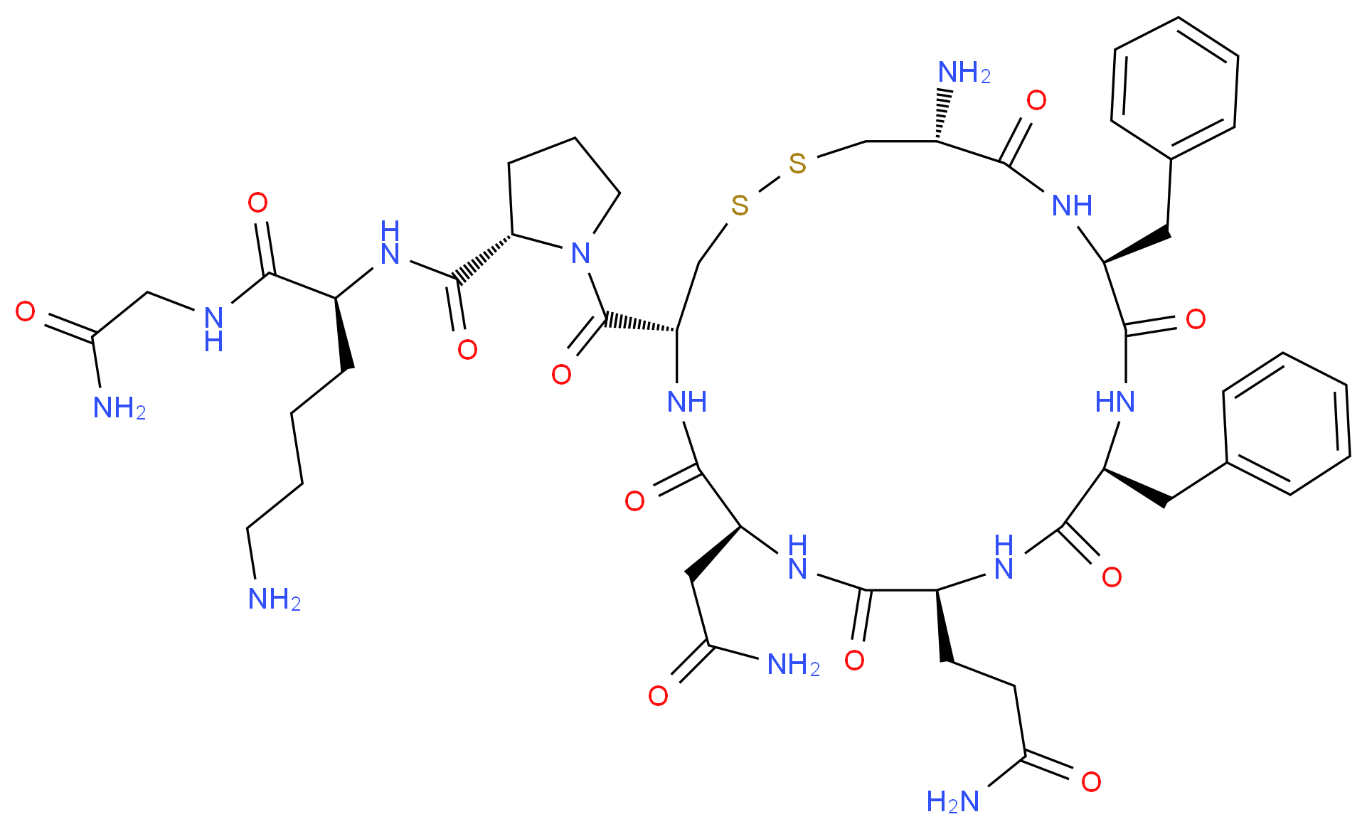 (2S)-6-amino-2-{[(2S)-1-[(4R,7S,10S,13S,16S,19R)-19-amino-13,16-dibenzyl-10-(2-carbamoylethyl)-7-(carbamoylmethyl)-6,9,12,15,18-pentaoxo-1,2-dithia-5,8,11,14,17-pentaazacycloicosane-4-carbonyl]pyrrolidin-2-yl]formamido}-N-(carbamoylmethyl)hexanamide_分子结构_CAS_56-59-7