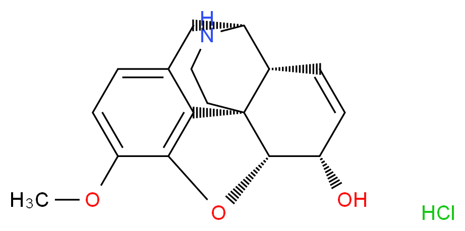 (1S,5R,13R,14S,17R)-10-methoxy-12-oxa-4-azapentacyclo[9.6.1.0<sup>1</sup>,<sup>1</sup><sup>3</sup>.0<sup>5</sup>,<sup>1</sup><sup>7</sup>.0<sup>7</sup>,<sup>1</sup><sup>8</sup>]octadeca-7,9,11(18),15-tetraen-14-ol hydrochloride_分子结构_CAS_14648-14-7