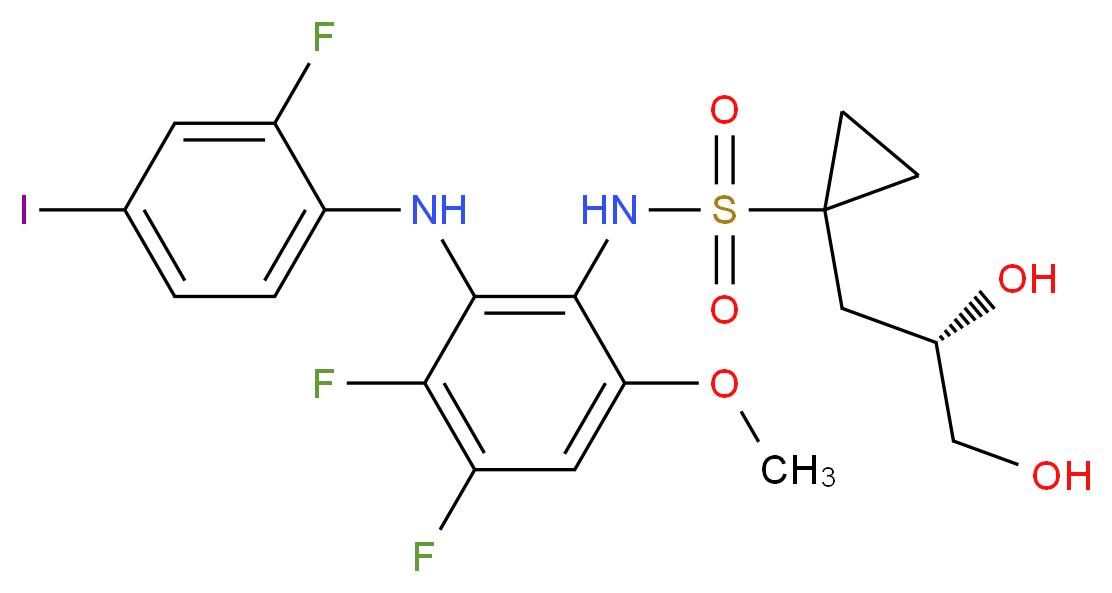 N-{3,4-difluoro-2-[(2-fluoro-4-iodophenyl)amino]-6-methoxyphenyl}-1-[(2S)-2,3-dihydroxypropyl]cyclopropane-1-sulfonamide_分子结构_CAS_923032-37-5