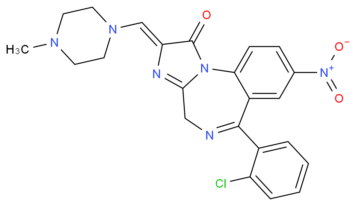 (4Z)-9-(2-chlorophenyl)-4-[(4-methylpiperazin-1-yl)methylidene]-12-nitro-2,5,8-triazatricyclo[8.4.0.0<sup>2</sup>,<sup>6</sup>]tetradeca-1(14),5,8,10,12-pentaen-3-one_分子结构_CAS_61197-73-7