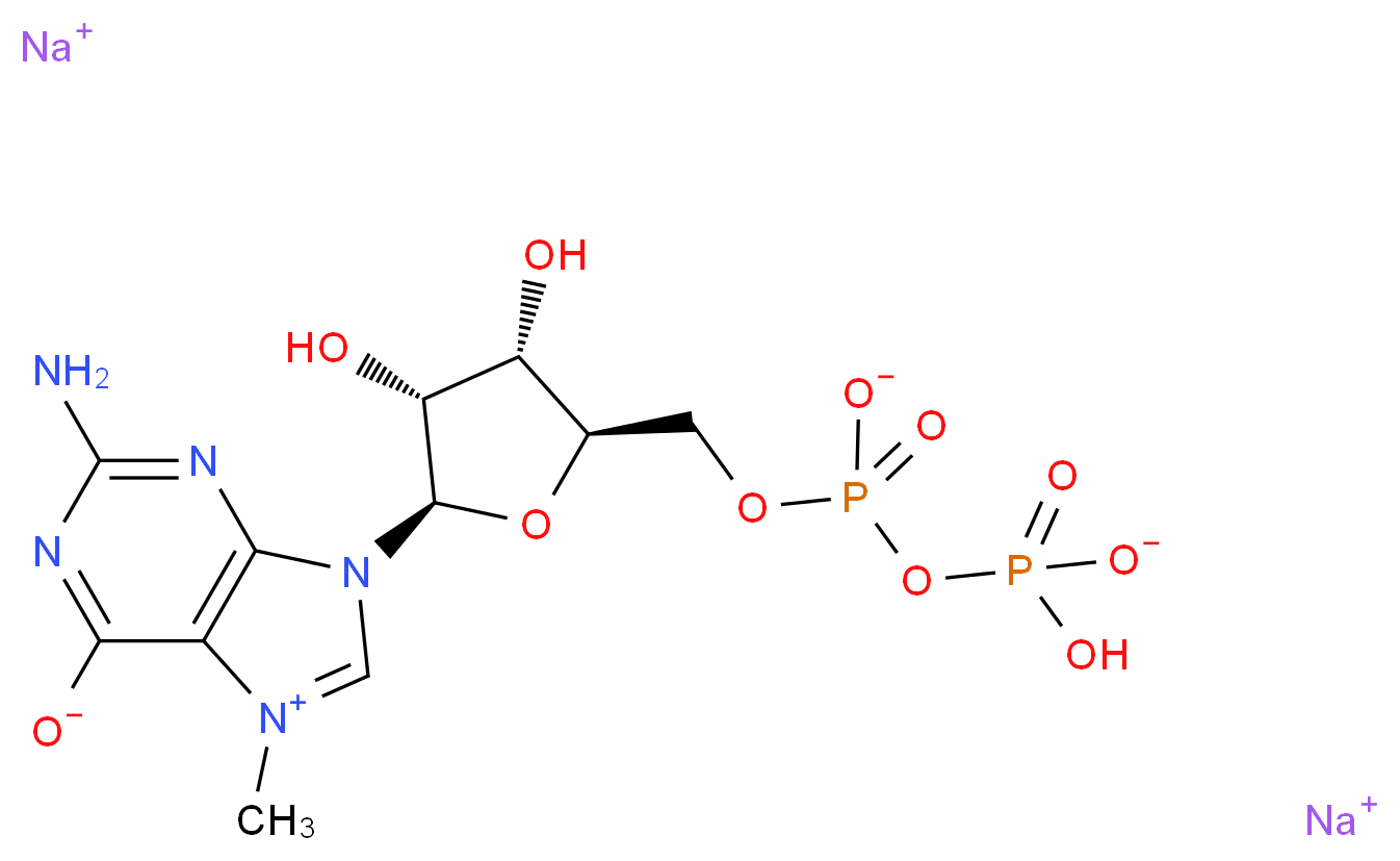 disodium 2-amino-9-[(2R,3R,4S,5R)-5-({[(hydrogen phosphonatooxy)phosphinato]oxy}methyl)-3,4-dihydroxyoxolan-2-yl]-7-methyl-9H-purin-7-ium-6-olate_分子结构_CAS_104809-16-7