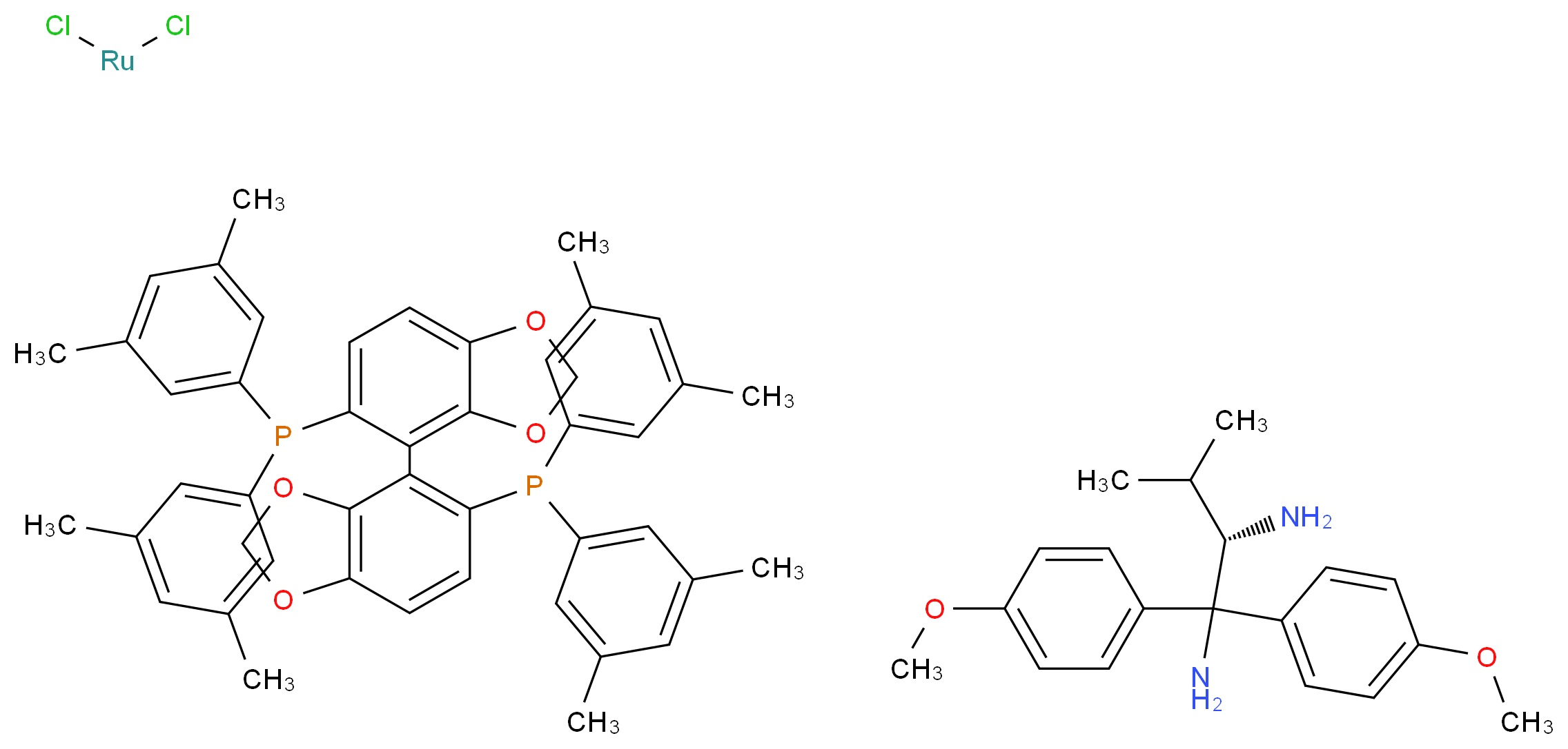 (2S)-1,1-bis(4-methoxyphenyl)-3-methylbutane-1,2-diamine; (4-{5-[bis(3,5-dimethylphenyl)phosphanyl]-2H-1,3-benzodioxol-4-yl}-2H-1,3-benzodioxol-5-yl)bis(3,5-dimethylphenyl)phosphane; dichlororuthenium_分子结构_CAS_944450-44-6