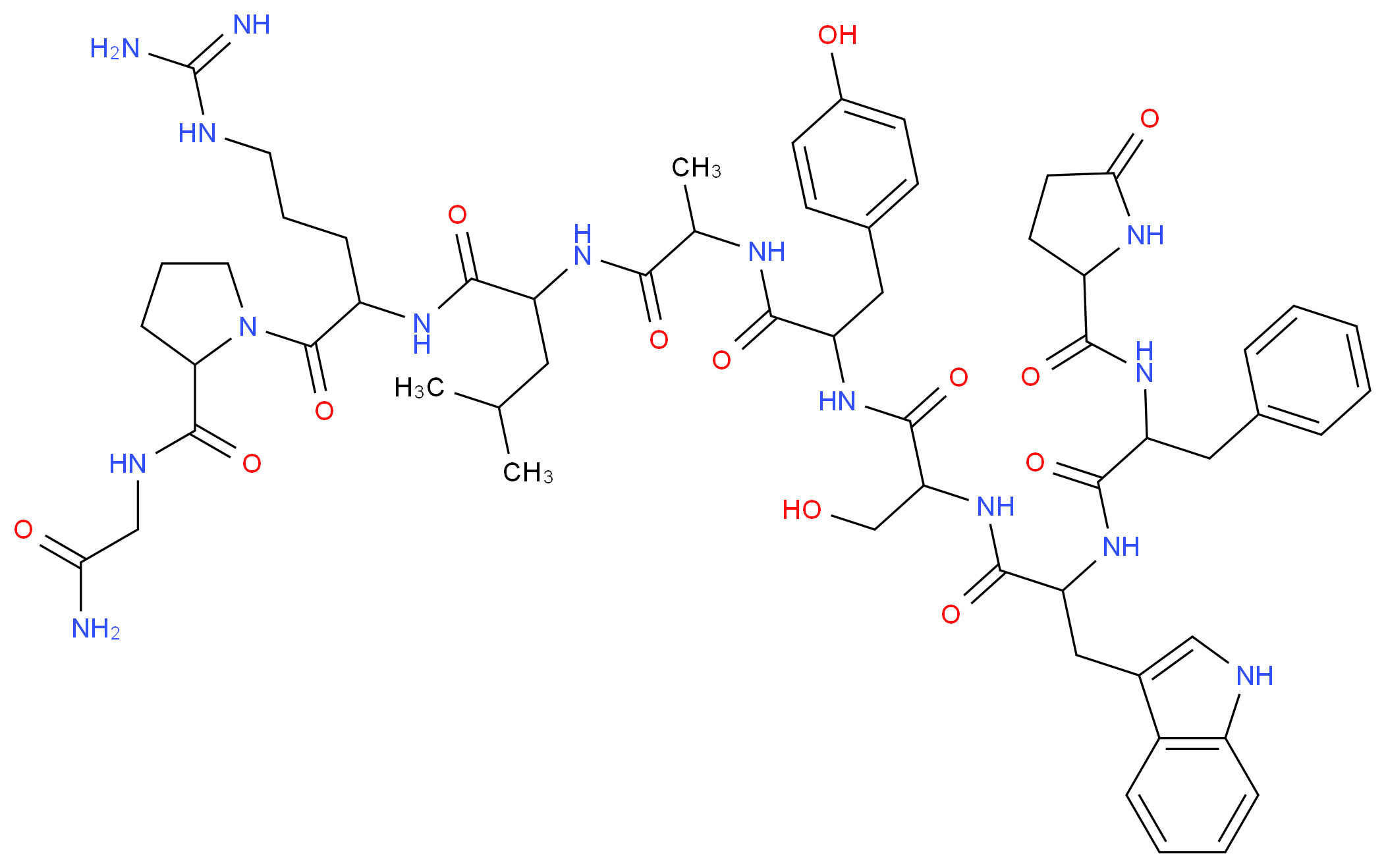 N-(5-carbamimidamido-1-{2-[(carbamoylmethyl)carbamoyl]pyrrolidin-1-yl}-1-oxopentan-2-yl)-2-[2-(2-{3-hydroxy-2-[3-(1H-indol-3-yl)-2-{2-[(5-oxopyrrolidin-2-yl)formamido]-3-phenylpropanamido}propanamido]propanamido}-3-(4-hydroxyphenyl)propanamido)propanamido]-4-methylpentanamide_分子结构_CAS_54784-44-0