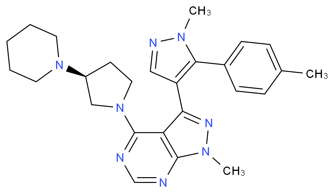 1-[(3S)-1-{1-methyl-3-[1-methyl-5-(4-methylphenyl)-1H-pyrazol-4-yl]-1H-pyrazolo[3,4-d]pyrimidin-4-yl}pyrrolidin-3-yl]piperidine_分子结构_CAS_1390637-82-7