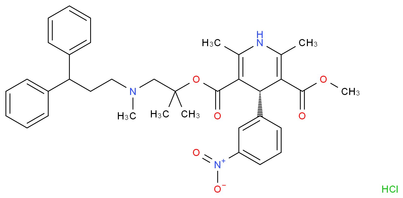 3-{1-[(3,3-diphenylpropyl)(methyl)amino]-2-methylpropan-2-yl} 5-methyl (4S)-2,6-dimethyl-4-(3-nitrophenyl)-1,4-dihydropyridine-3,5-dicarboxylate hydrochloride_分子结构_CAS_184866-29-3