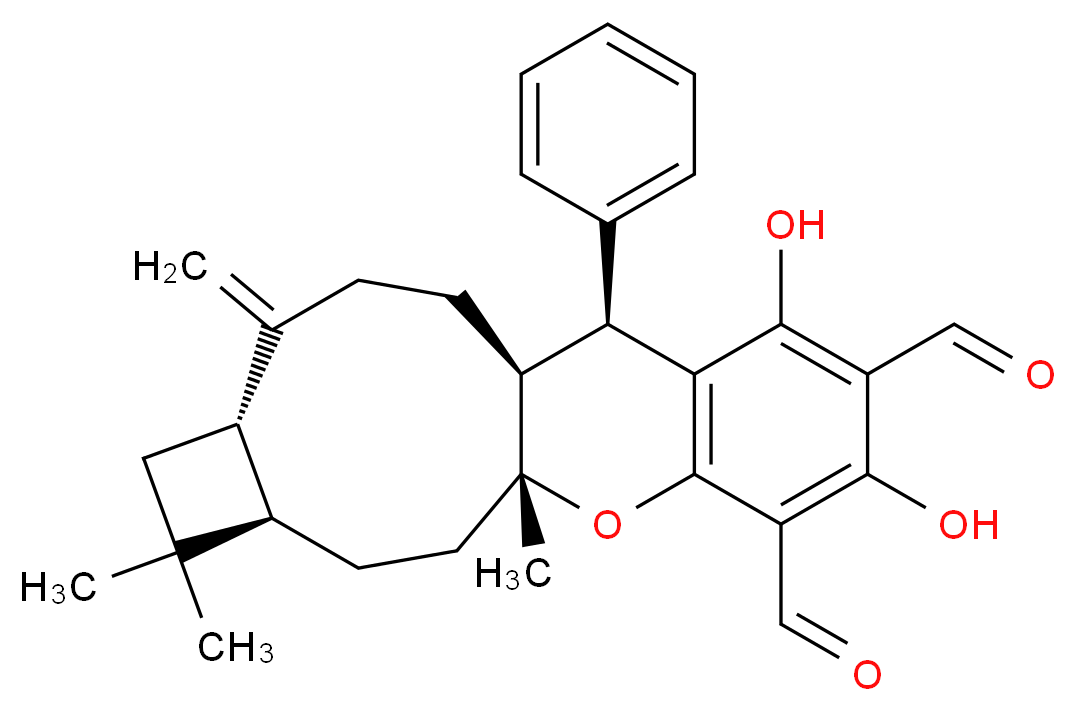 (1R,4R,7S,11S,12S)-14,16-dihydroxy-1,5,5-trimethyl-8-methylidene-12-phenyl-19-oxatetracyclo[9.8.0.0<sup>4</sup>,<sup>7</sup>.0<sup>1</sup><sup>3</sup>,<sup>1</sup><sup>8</sup>]nonadeca-13(18),14,16-triene-15,17-dicarbaldehyde_分子结构_CAS_1207181-35-8