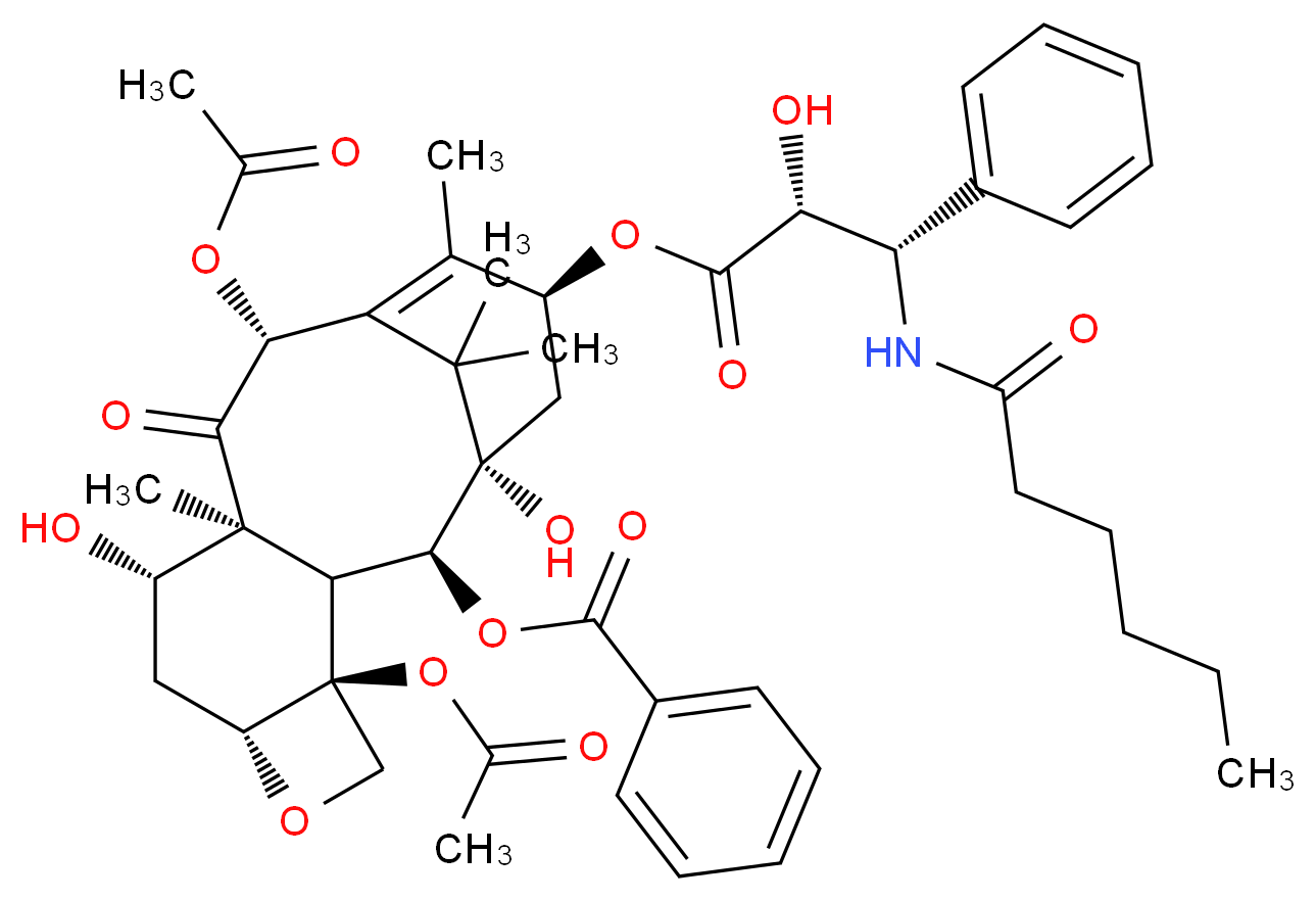 (1S,2S,3R,4S,7R,9S,10S,12R,15S)-4,12-bis(acetyloxy)-15-{[(2R,3S)-3-hexanamido-2-hydroxy-3-phenylpropanoyl]oxy}-1,9-dihydroxy-10,14,17,17-tetramethyl-11-oxo-6-oxatetracyclo[11.3.1.0<sup>3</sup>,<sup>1</sup><sup>0</sup>.0<sup>4</sup>,<sup>7</sup>]heptadec-13-en-2-yl benzoate_分子结构_CAS_153415-45-3