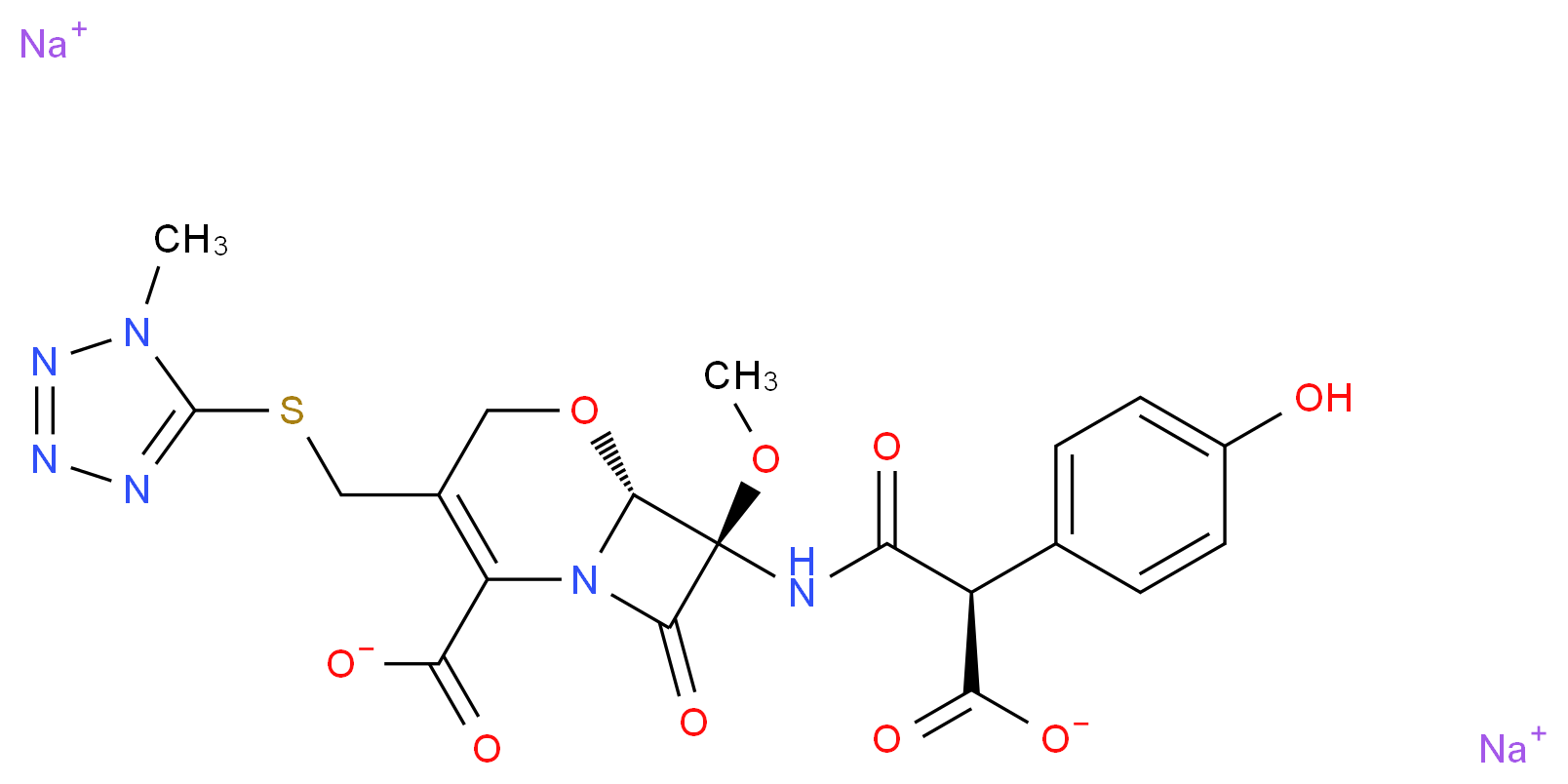 disodium (6R,7R)-7-[(2R)-2-carboxylato-2-(4-hydroxyphenyl)acetamido]-7-methoxy-3-{[(1-methyl-1H-1,2,3,4-tetrazol-5-yl)sulfanyl]methyl}-8-oxo-5-oxa-1-azabicyclo[4.2.0]oct-2-ene-2-carboxylate_分子结构_CAS_64953-12-4