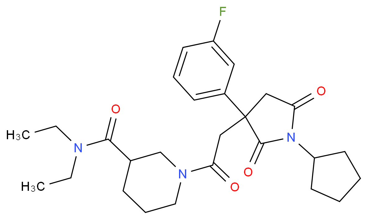 1-{[1-cyclopentyl-3-(3-fluorophenyl)-2,5-dioxo-3-pyrrolidinyl]acetyl}-N,N-diethyl-3-piperidinecarboxamide_分子结构_CAS_)