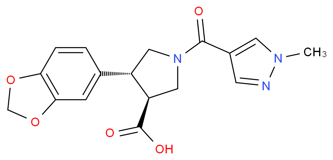 (3S*,4R*)-4-(1,3-benzodioxol-5-yl)-1-[(1-methyl-1H-pyrazol-4-yl)carbonyl]pyrrolidine-3-carboxylic acid_分子结构_CAS_)