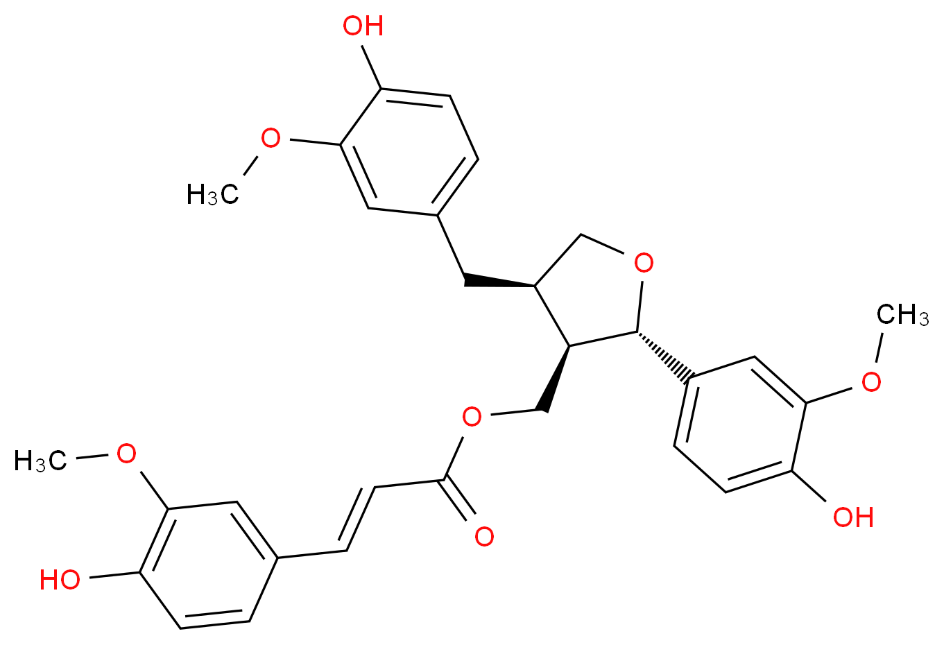 [(2S,3R,4R)-2-(4-hydroxy-3-methoxyphenyl)-4-[(4-hydroxy-3-methoxyphenyl)methyl]oxolan-3-yl]methyl (2E)-3-(4-hydroxy-3-methoxyphenyl)prop-2-enoate_分子结构_CAS_60337-67-9
