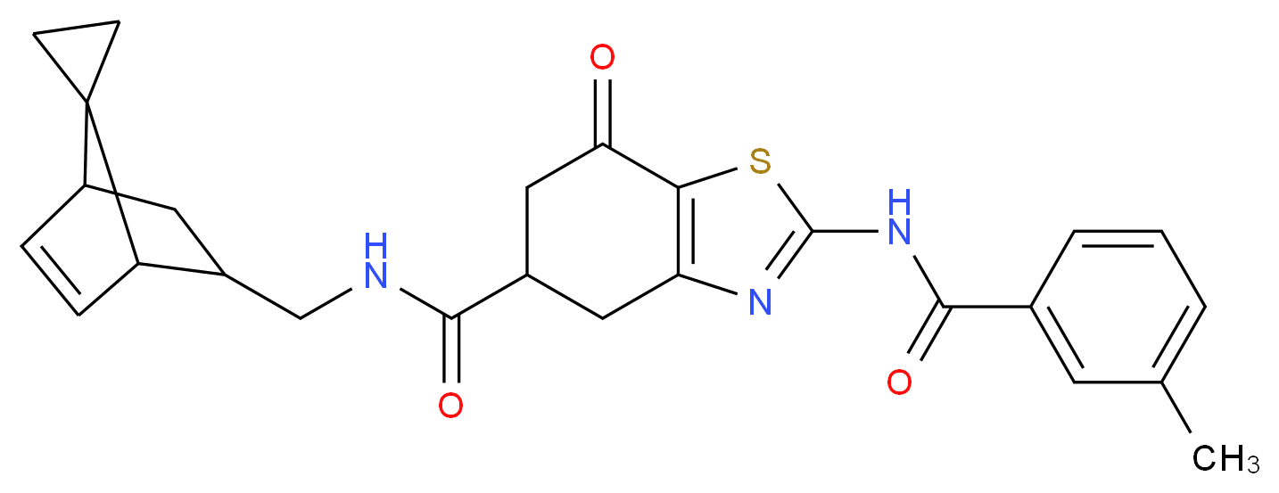 2-[(3-methylbenzoyl)amino]-7-oxo-N-(spiro[bicyclo[2.2.1]heptane-7,1'-cyclopropane]-5-en-2-ylmethyl)-4,5,6,7-tetrahydro-1,3-benzothiazole-5-carboxamide_分子结构_CAS_)