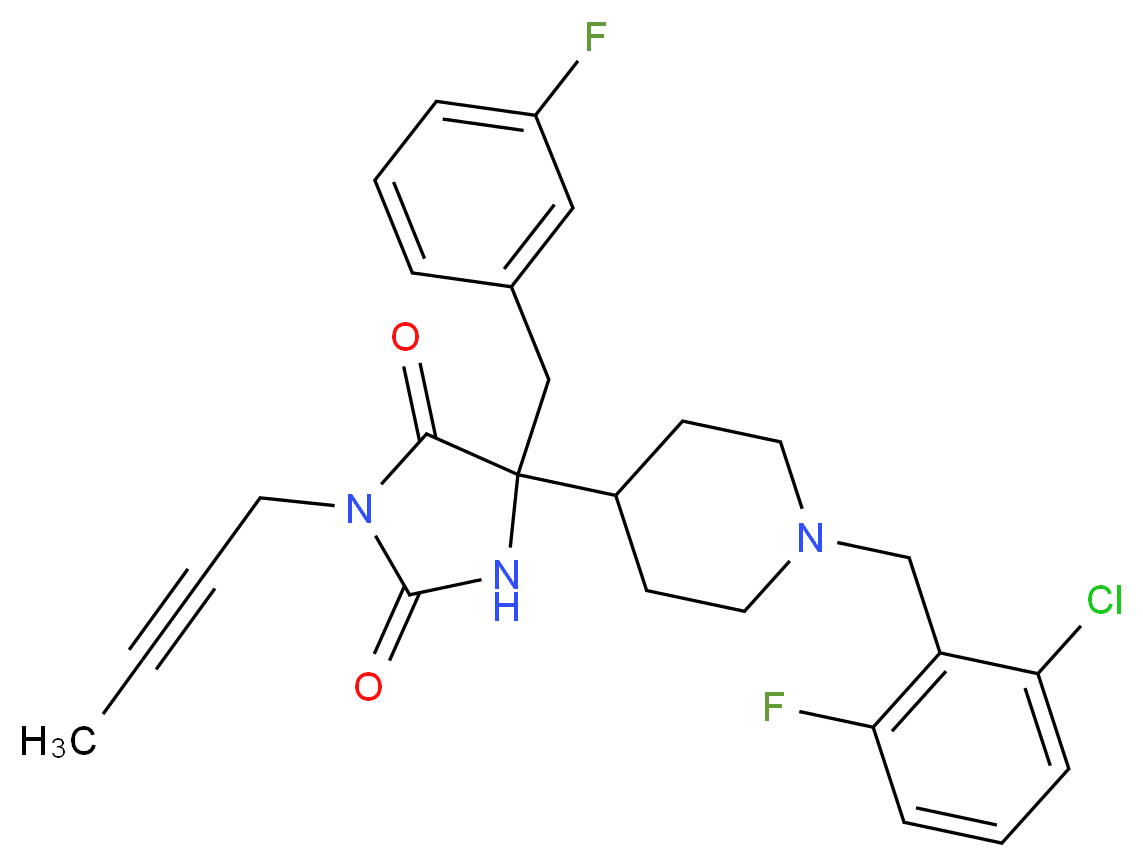 3-(2-butyn-1-yl)-5-[1-(2-chloro-6-fluorobenzyl)-4-piperidinyl]-5-(3-fluorobenzyl)-2,4-imidazolidinedione_分子结构_CAS_)