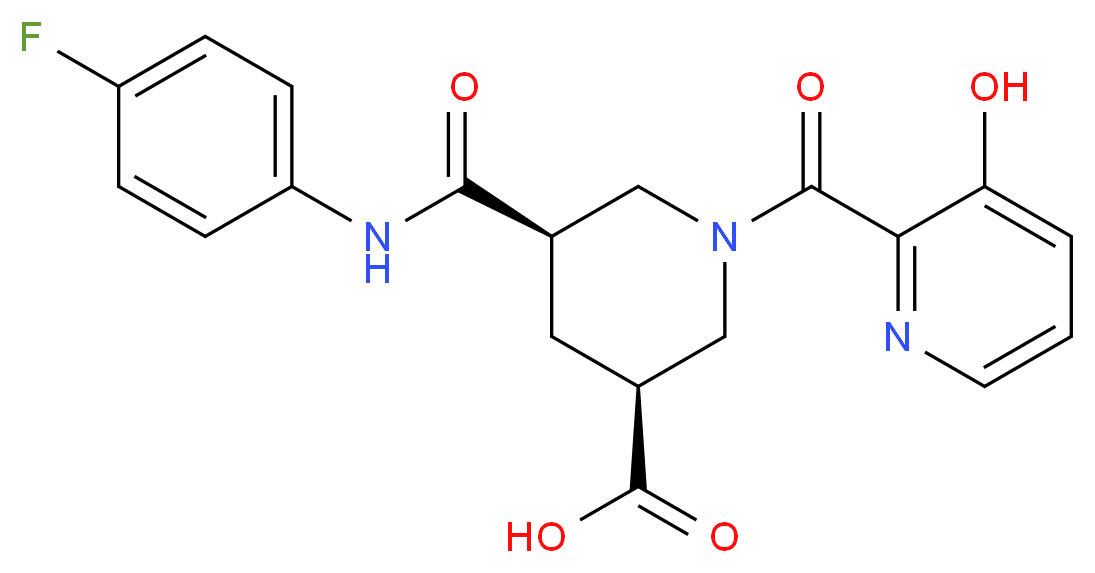 (3S*,5R*)-5-{[(4-fluorophenyl)amino]carbonyl}-1-[(3-hydroxy-2-pyridinyl)carbonyl]-3-piperidinecarboxylic acid_分子结构_CAS_)