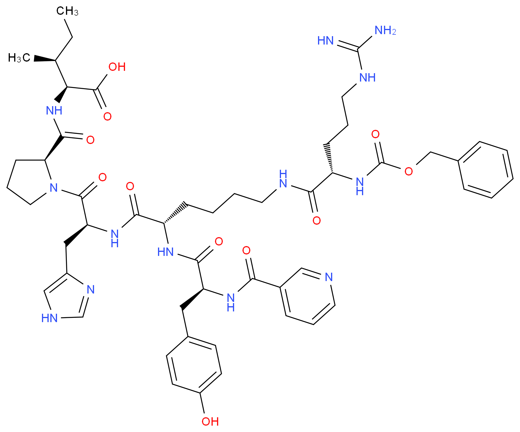 (2S,3S)-2-{[(2S)-1-[(2S)-2-[(2S)-6-[(2S)-2-{[(benzyloxy)carbonyl]amino}-5-carbamimidamidopentanamido]-2-[(2S)-3-(4-hydroxyphenyl)-2-(pyridin-3-ylformamido)propanamido]hexanamido]-3-(1H-imidazol-4-yl)propanoyl]pyrrolidin-2-yl]formamido}-3-methylpentanoic acid_分子结构_CAS_127060-75-7