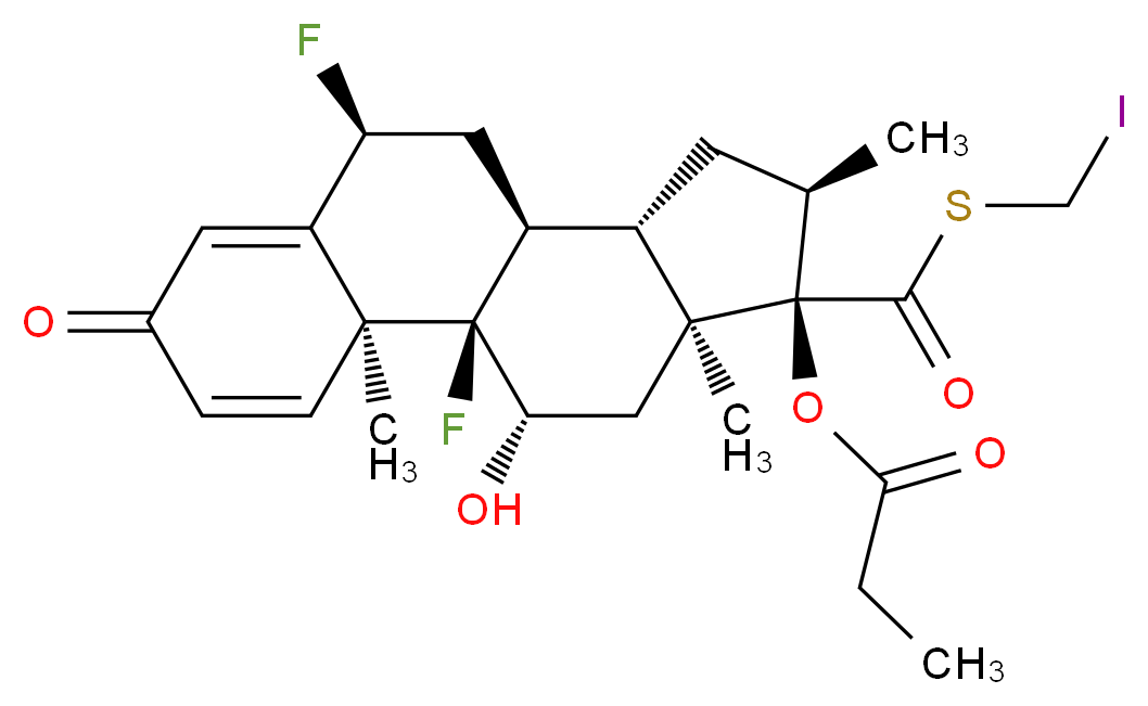 (1R,2S,8S,10S,11S,13R,14R,15S,17S)-1,8-difluoro-17-hydroxy-14-{[(iodomethyl)sulfanyl]carbonyl}-2,13,15-trimethyl-5-oxotetracyclo[8.7.0.0<sup>2</sup>,<sup>7</sup>.0<sup>1</sup><sup>1</sup>,<sup>1</sup><sup>5</sup>]heptadeca-3,6-dien-14-yl propanoate_分子结构_CAS_80474-67-5