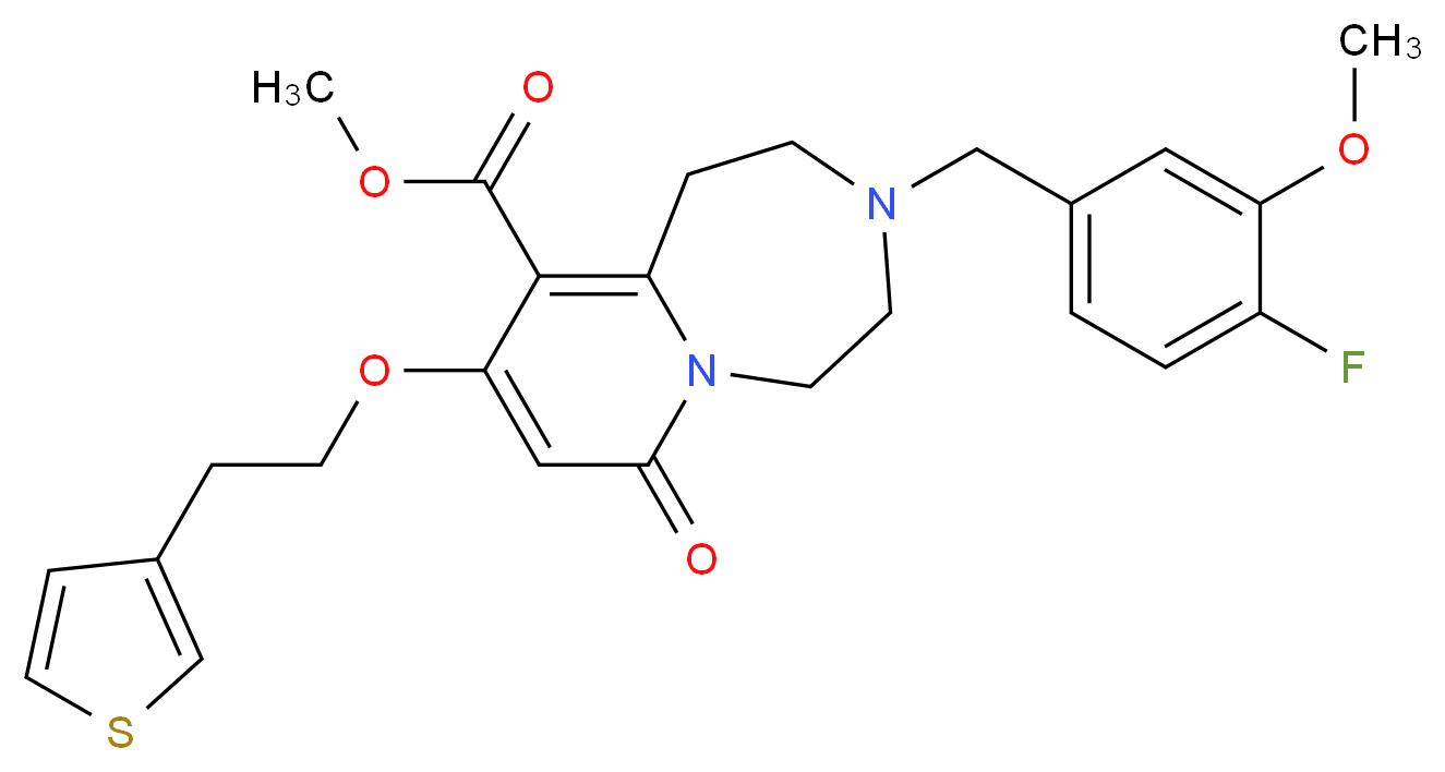 methyl 3-(4-fluoro-3-methoxybenzyl)-7-oxo-9-[2-(3-thienyl)ethoxy]-1,2,3,4,5,7-hexahydropyrido[1,2-d][1,4]diazepine-10-carboxylate_分子结构_CAS_)