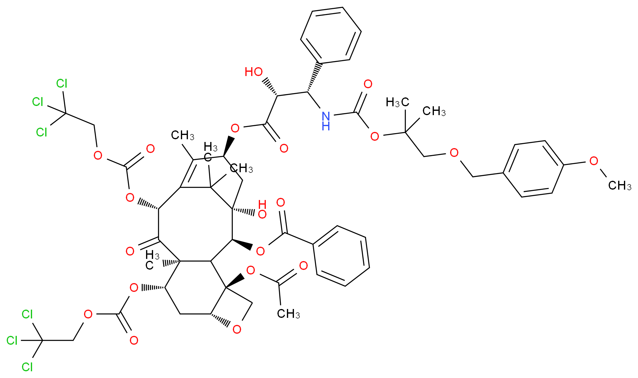 N-Des-t-boc-N-2-[2-methyl-1-(4-methoxyphenyl)methoxy]propyloxycarbonxyl-7,10-O-bis{[(2,2,2-trichloroethyl)oxy]carbonyl} Docetaxel_分子结构_CAS_154044-74-3)