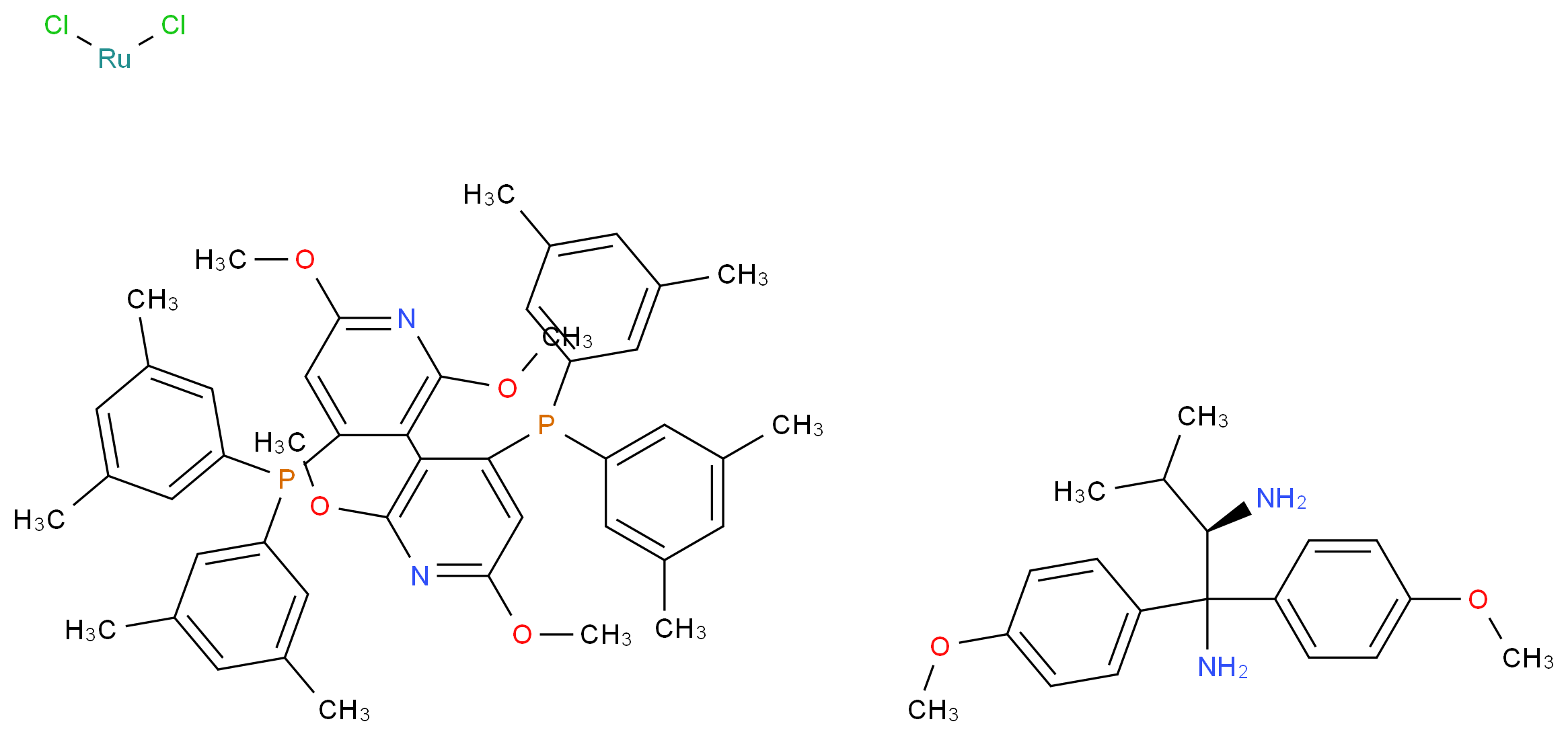 (2R)-1,1-bis(4-methoxyphenyl)-3-methylbutane-1,2-diamine; 4-[bis(3,5-dimethylphenyl)phosphanyl]-3-{4-[bis(3,5-dimethylphenyl)phosphanyl]-2,6-dimethoxypyridin-3-yl}-2,6-dimethoxypyridine; dichlororuthenium_分子结构_CAS_918130-21-9