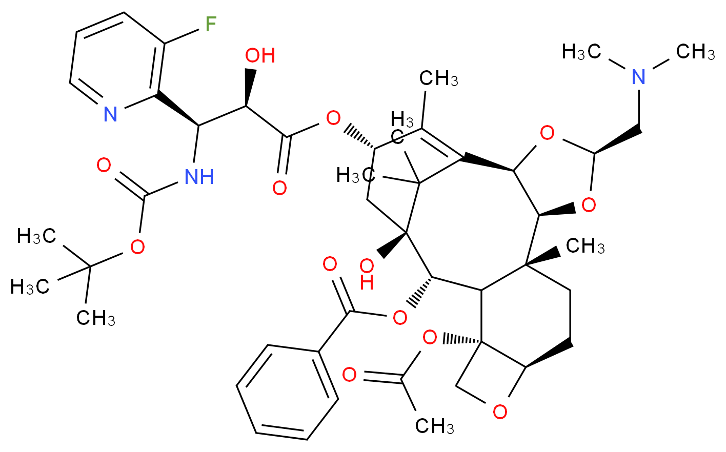 (2R,4S,6S,7R,10R,13S,14R,15S,16S,18S)-13-(acetyloxy)-18-{[(2R,3S)-3-{[(tert-butoxy)carbonyl]amino}-3-(3-fluoropyridin-2-yl)-2-hydroxypropanoyl]oxy}-4-[(dimethylamino)methyl]-16-hydroxy-7,19,20,20-tetramethyl-3,5,11-trioxapentacyclo[14.3.1.0<sup>2</sup>,<sup>6</sup>.0<sup>7</sup>,<sup>1</sup><sup>4</sup>.0<sup>1</sup><sup>0</sup>,<sup>1</sup><sup>3</sup>]icos-1(19)-en-15-yl benzoate_分子结构_CAS_333754-36-2