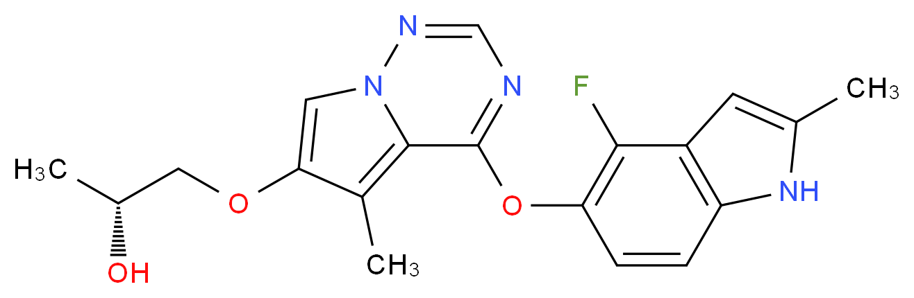 (2R)-1-({4-[(4-fluoro-2-methyl-1H-indol-5-yl)oxy]-5-methylpyrrolo[2,1-f][1,2,4]triazin-6-yl}oxy)propan-2-ol_分子结构_CAS_649735-46-6