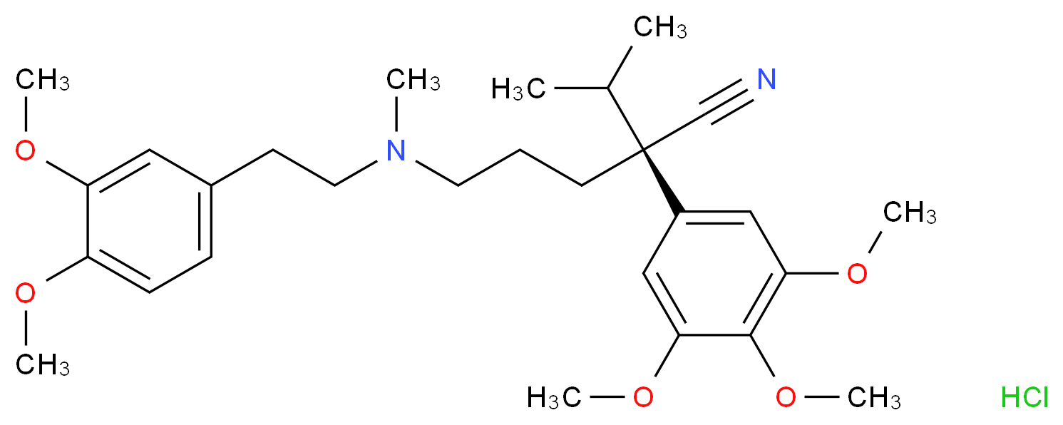 (2R)-5-{[2-(3,4-dimethoxyphenyl)ethyl](methyl)amino}-2-(propan-2-yl)-2-(3,4,5-trimethoxyphenyl)pentanenitrile hydrochloride_分子结构_CAS_36622-40-9