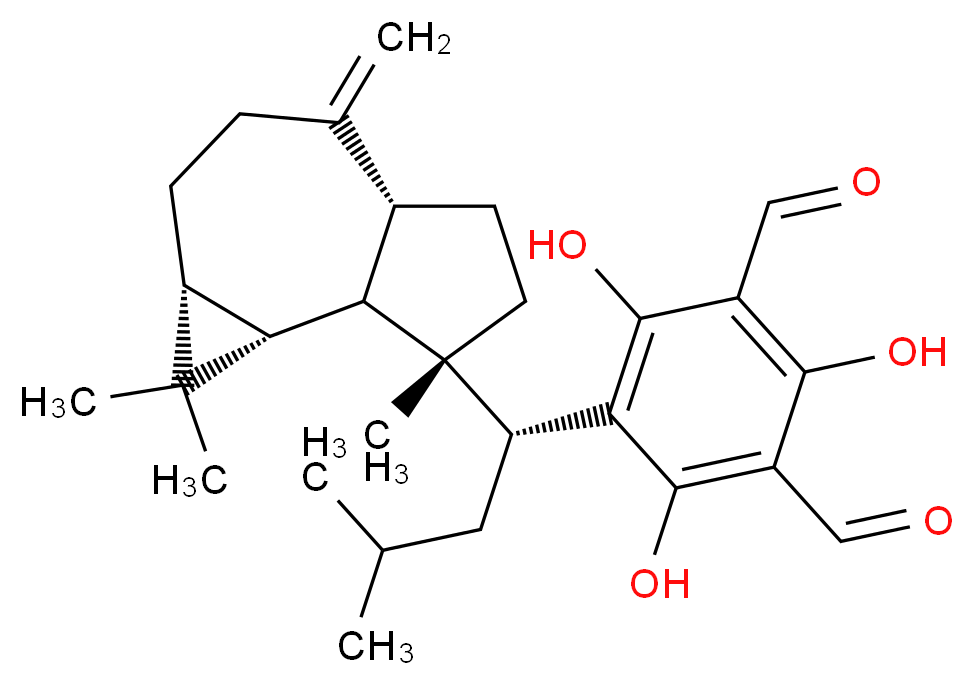 5-[(1R)-1-[(1aR,4aR,7S,7aR,7bR)-1,1,7-trimethyl-4-methylidene-decahydro-1H-cyclopropa[e]azulen-7-yl]-3-methylbutyl]-2,4,6-trihydroxybenzene-1,3-dicarbaldehyde_分子结构_CAS_142628-53-3