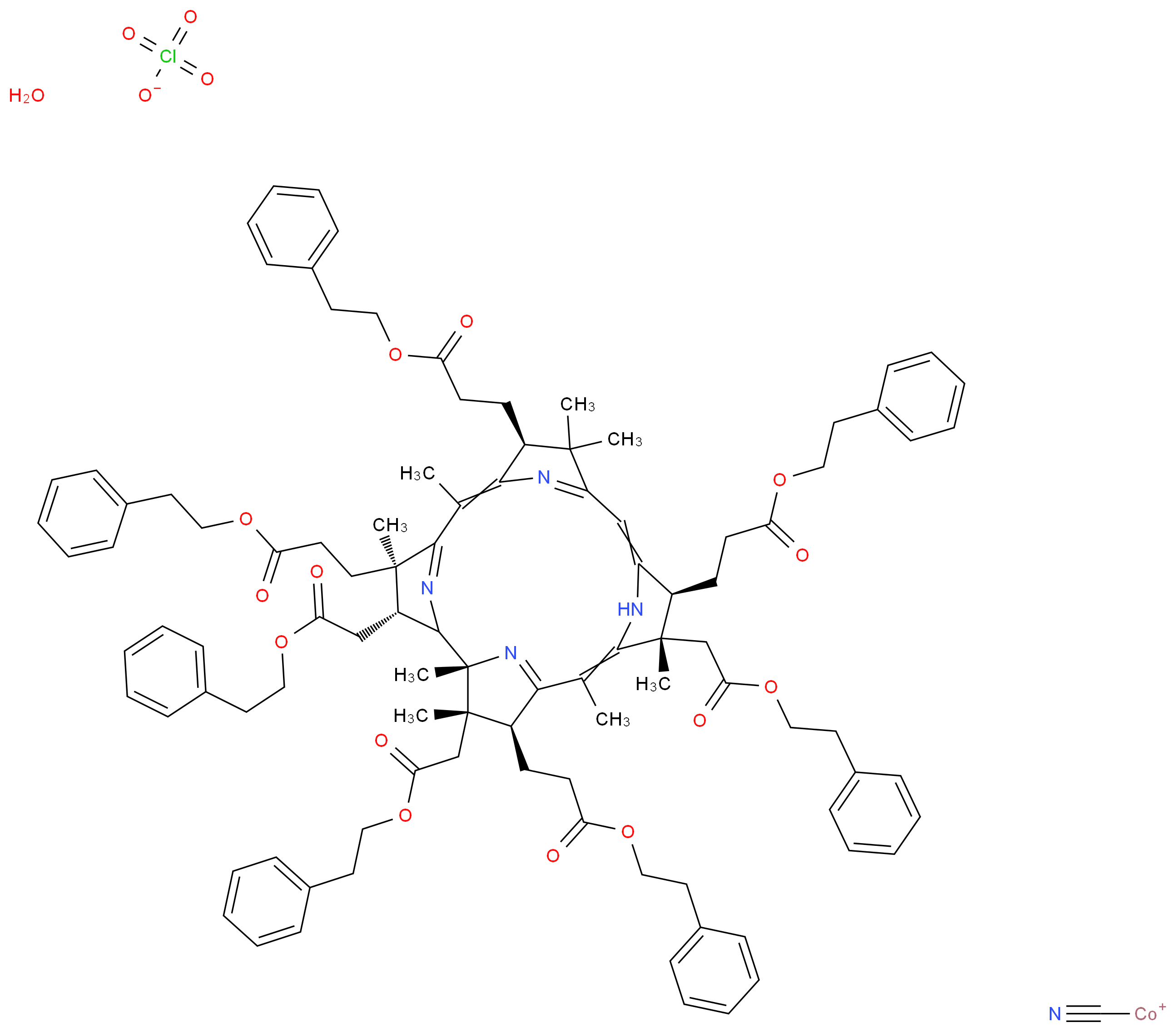 cyanocobaltylium 2-phenylethyl 3-[(1R,3R,4R,8S,13S,14S,18S,19S)-1,4,6,9,9,14,16,19-octamethyl-3,14,19-tris[2-oxo-2-(2-phenylethoxy)ethyl]-8,13,18-tris[3-oxo-3-(2-phenylethoxy)propyl]-20,21,22,23-tetraazapentacyclo[15.2.1.1<sup>2</sup>,<sup>5</sup>.1<sup>7</sup>,<sup>1</sup><sup>0</sup>.1<sup>1</sup><sup>2</sup>,<sup>1</sup><sup>5</sup>]tricosa-5(23),6,10(22),11,15,17(20)-hexaen-4-yl]propanoate hydrate perchlorate_分子结构_CAS_130549-56-3