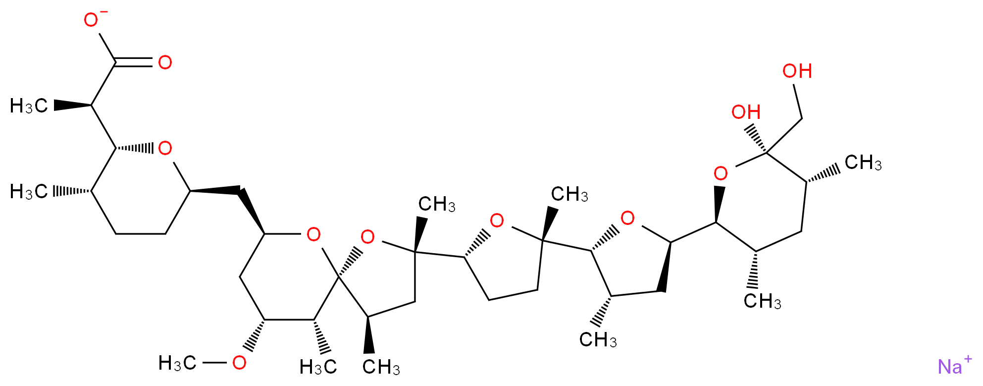 sodium (2R)-2-[(2R,3S,6R)-6-{[(2S,4R,5R,7R,9R,10R)-2-[(2R,5S)-5-[(2R,3S,5R)-5-[(2S,3S,5R,6R)-6-hydroxy-6-(hydroxymethyl)-3,5-dimethyloxan-2-yl]-3-methyloxolan-2-yl]-5-methyloxolan-2-yl]-9-methoxy-2,4,10-trimethyl-1,6-dioxaspiro[4.5]decan-7-yl]methyl}-3-methyloxan-2-yl]propanoate_分子结构_CAS_28643-80-3