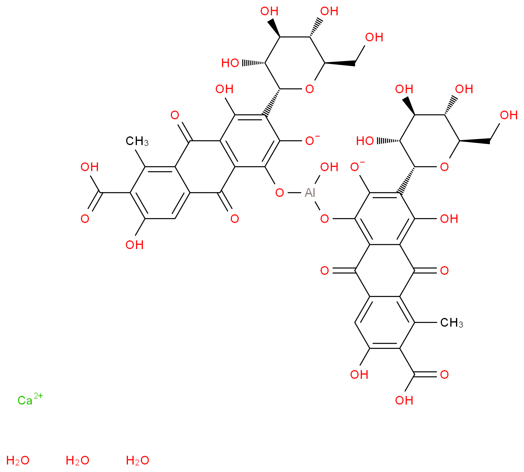 calcium 6-carboxy-1-{[({6-carboxy-4,7-dihydroxy-5-methyl-2-oxido-9,10-dioxo-3-[(2R,3R,4R,5S,6R)-3,4,5-trihydroxy-6-(hydroxymethyl)oxan-2-yl]-9,10-dihydroanthracen-1-yl}oxy)(hydroxy)alumanyl]oxy}-4,7-dihydroxy-5-methyl-9,10-dioxo-3-[(2R,3R,4R,5S,6R)-3,4,5-trihydroxy-6-(hydroxymethyl)oxan-2-yl]-9,10-dihydroanthracen-2-olate trihydrate_分子结构_CAS_1390-65-4