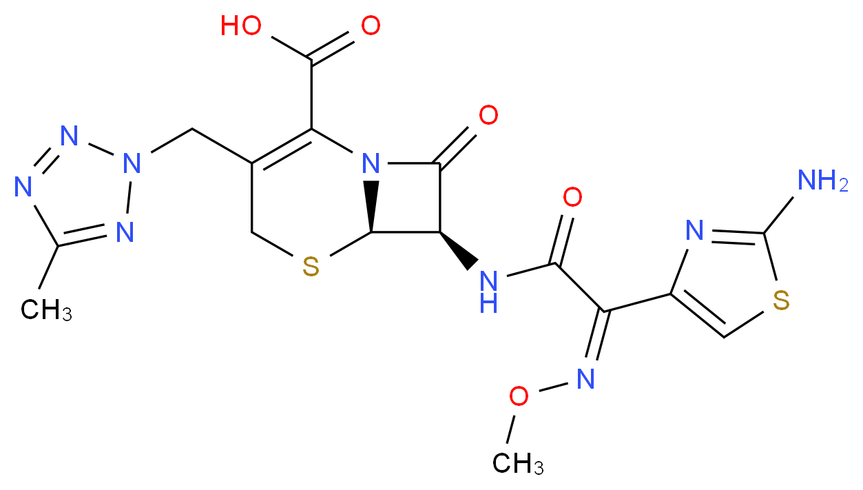 (6R,7R)-7-[(2Z)-2-(2-amino-1,3-thiazol-4-yl)-2-(methoxyimino)acetamido]-3-[(5-methyl-2H-1,2,3,4-tetrazol-2-yl)methyl]-8-oxo-5-thia-1-azabicyclo[4.2.0]oct-2-ene-2-carboxylic acid_分子结构_CAS_82547-58-8