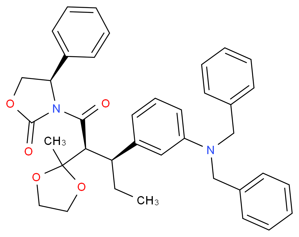 (4R)-3-[(2S,3S)-3-[3-(dibenzylamino)phenyl]-2-(2-methyl-1,3-dioxolan-2-yl)pentanoyl]-4-phenyl-1,3-oxazolidin-2-one_分子结构_CAS_188559-29-7
