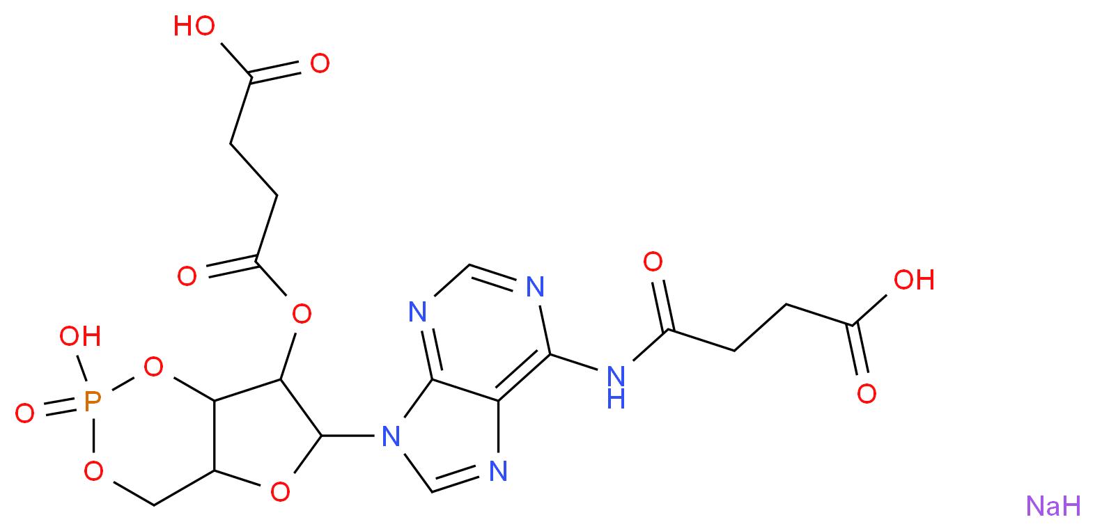 4-({6-[6-(3-carboxypropanamido)-9H-purin-9-yl]-2-hydroxy-2-oxo-hexahydro-1,3,5,2λ<sup>5</sup>-furo[3,2-d][1,3,2λ<sup>5</sup>]dioxaphosphinin-7-yl}oxy)-4-oxobutanoic acid sodium_分子结构_CAS_102783-27-7