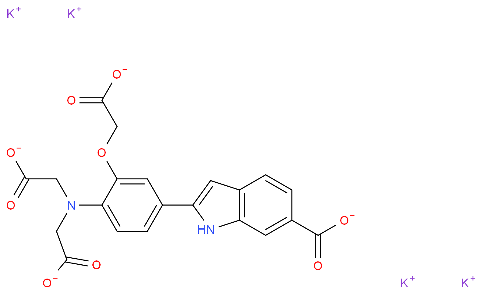 tetrapotassium 2-{4-[bis(carboxylatomethyl)amino]-3-(carboxylatomethoxy)phenyl}-1H-indole-6-carboxylate_分子结构_CAS_132299-21-9