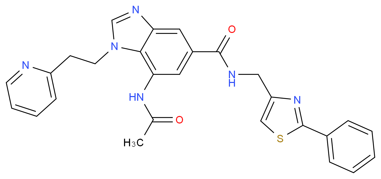 7-(acetylamino)-N-[(2-phenyl-1,3-thiazol-4-yl)methyl]-1-[2-(2-pyridinyl)ethyl]-1H-benzimidazole-5-carboxamide_分子结构_CAS_)