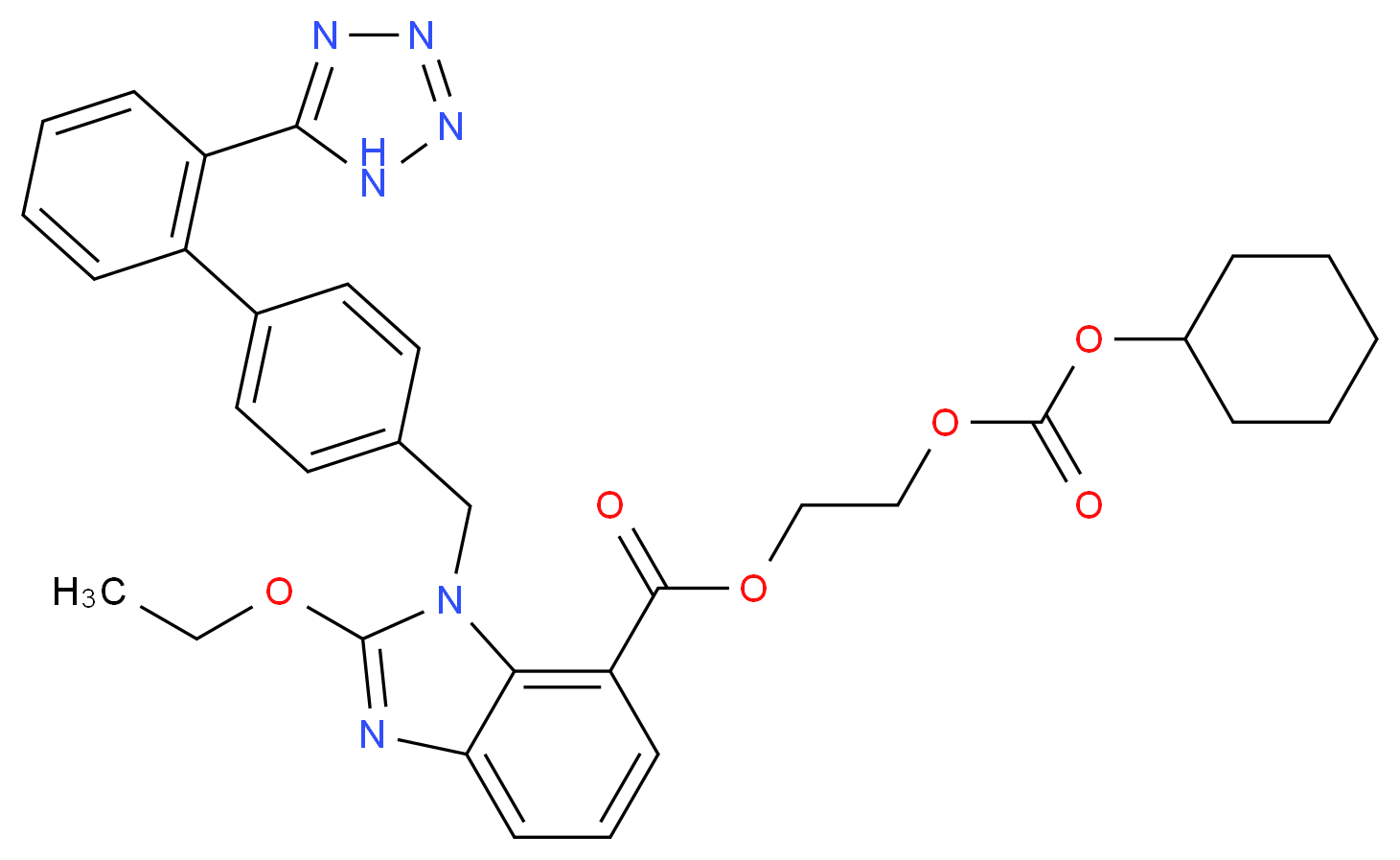 2-{[(cyclohexyloxy)carbonyl]oxy}ethyl 2-ethoxy-1-({4-[2-(1H-1,2,3,4-tetrazol-5-yl)phenyl]phenyl}methyl)-1H-1,3-benzodiazole-7-carboxylate_分子结构_CAS_145040-37-5