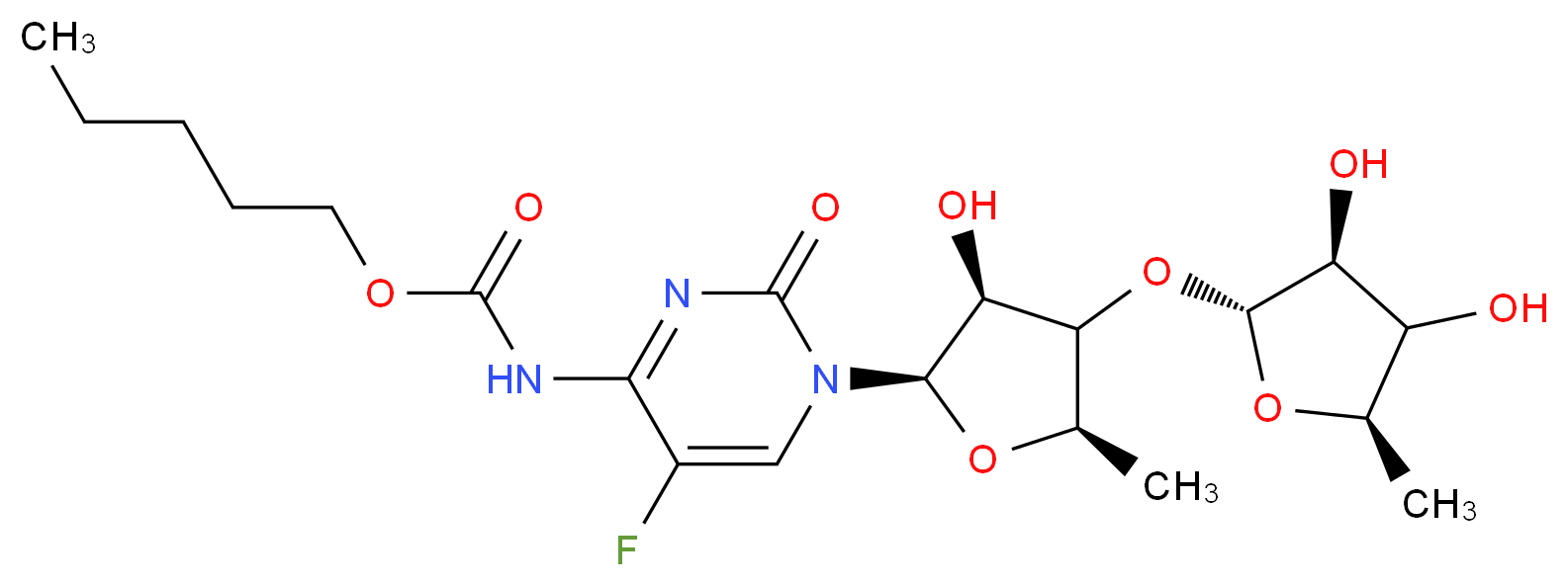 pentyl N-{1-[(2R,3S,5R)-4-{[(2R,3S,5R)-3,4-dihydroxy-5-methyloxolan-2-yl]oxy}-3-hydroxy-5-methyloxolan-2-yl]-5-fluoro-2-oxo-1,2-dihydropyrimidin-4-yl}carbamate_分子结构_CAS_1262133-68-5