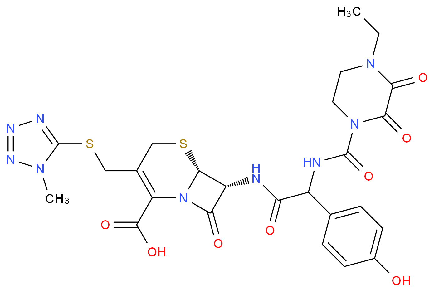 (6R,7R)-7-{2-[(4-ethyl-2,3-dioxopiperazine-1-carbonyl)amino]-2-(4-hydroxyphenyl)acetamido}-3-{[(1-methyl-1H-1,2,3,4-tetrazol-5-yl)sulfanyl]methyl}-8-oxo-5-thia-1-azabicyclo[4.2.0]oct-2-ene-2-carboxylic acid_分子结构_CAS_62893-19-0