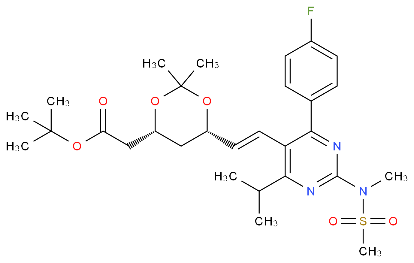 (4R,6S)-6-[(1E)-2-[4-(4-Fluorophenyl)-6-(1-methylethyl)-2-[methyl(methylsulfonyl)amino]-5-pyrimidinyl]ethenyl]-2,2-dimethyl-1,3-dioxane-4-acetic Acid 1,1-Dimethylethyl Ester_分子结构_CAS_289042-12-2)
