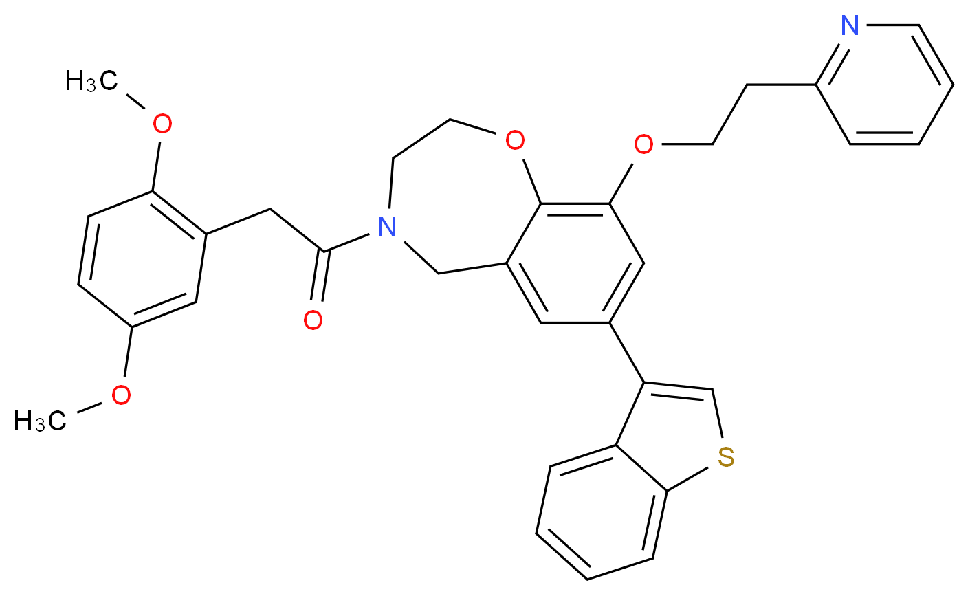 7-(1-benzothien-3-yl)-4-[(2,5-dimethoxyphenyl)acetyl]-9-[2-(2-pyridinyl)ethoxy]-2,3,4,5-tetrahydro-1,4-benzoxazepine_分子结构_CAS_)