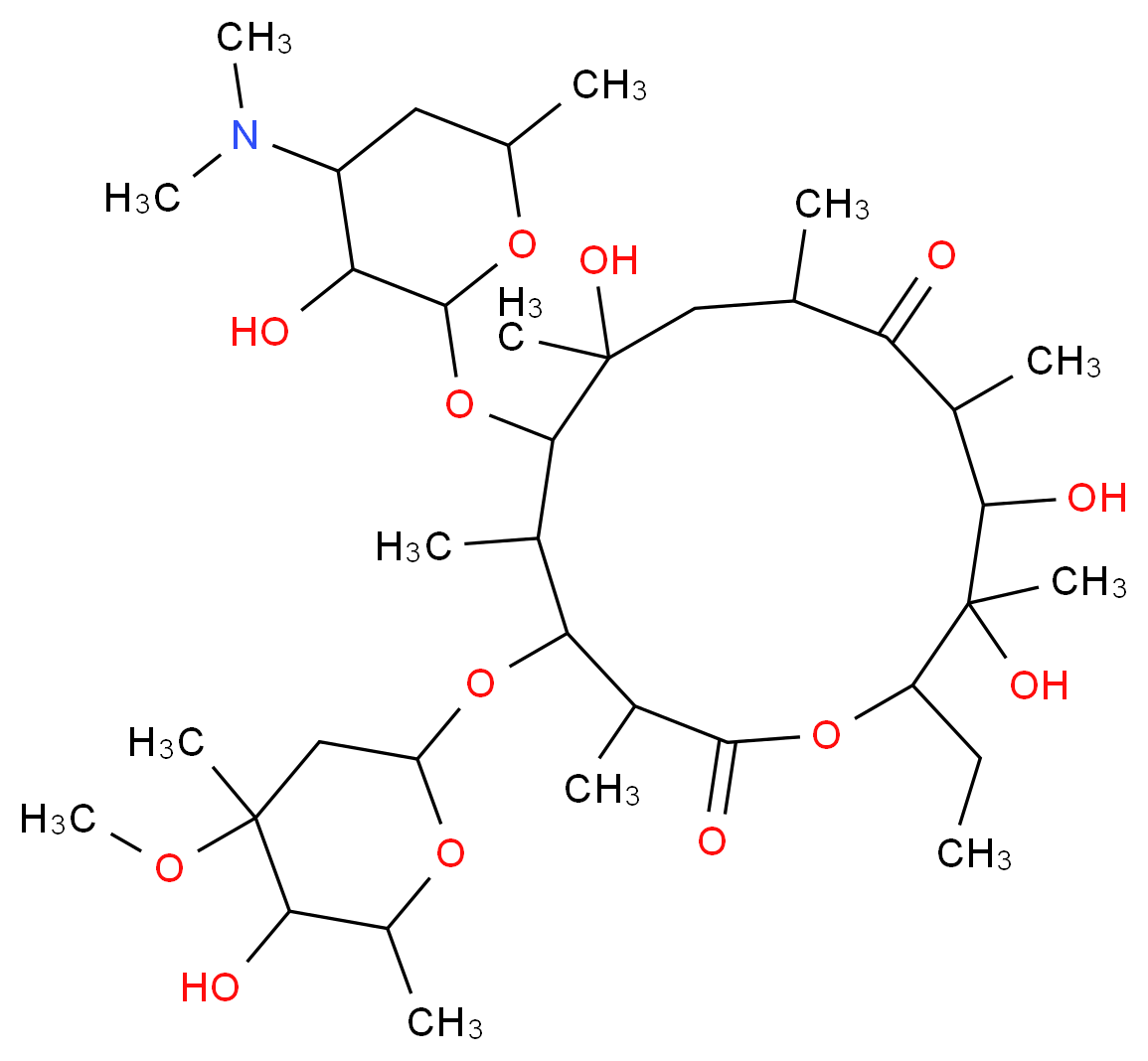 6-{[4-(dimethylamino)-3-hydroxy-6-methyloxan-2-yl]oxy}-14-ethyl-7,12,13-trihydroxy-4-[(5-hydroxy-4-methoxy-4,6-dimethyloxan-2-yl)oxy]-3,5,7,9,11,13-hexamethyl-1-oxacyclotetradecane-2,10-dione_分子结构_CAS_114-07-8