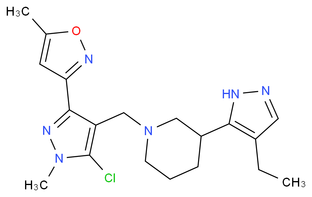 1-{[5-chloro-1-methyl-3-(5-methylisoxazol-3-yl)-1H-pyrazol-4-yl]methyl}-3-(4-ethyl-1H-pyrazol-5-yl)piperidine_分子结构_CAS_)