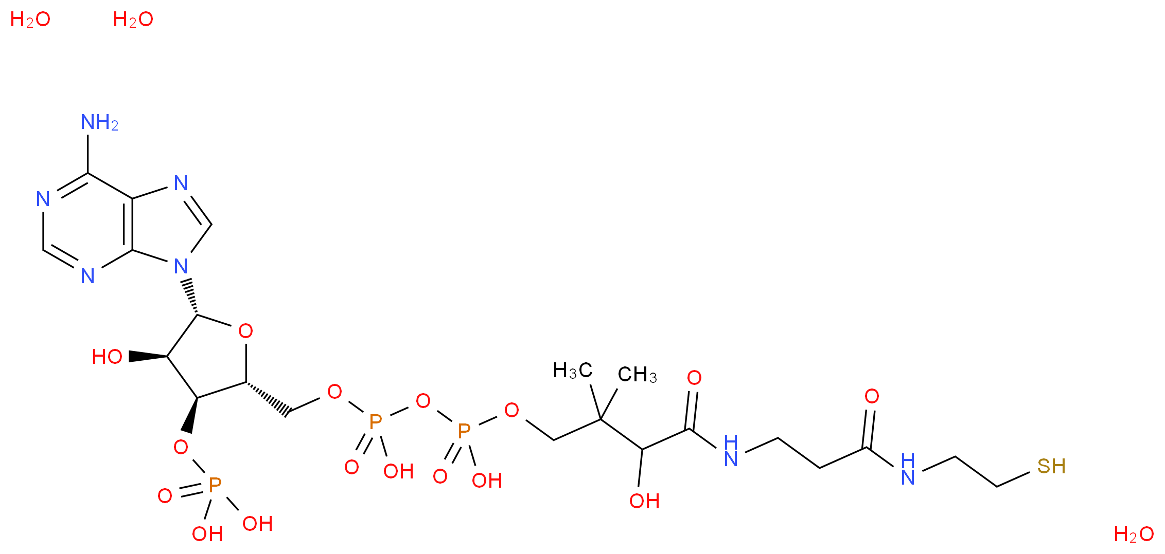 {[(2R,3S,4R,5R)-5-(6-amino-9H-purin-9-yl)-4-hydroxy-2-({[hydroxy({hydroxy[3-hydroxy-2,2-dimethyl-3-({2-[(2-sulfanylethyl)carbamoyl]ethyl}carbamoyl)propoxy]phosphoryl}oxy)phosphoryl]oxy}methyl)oxolan-3-yl]oxy}phosphonic acid trihydrate_分子结构_CAS_85-61-0