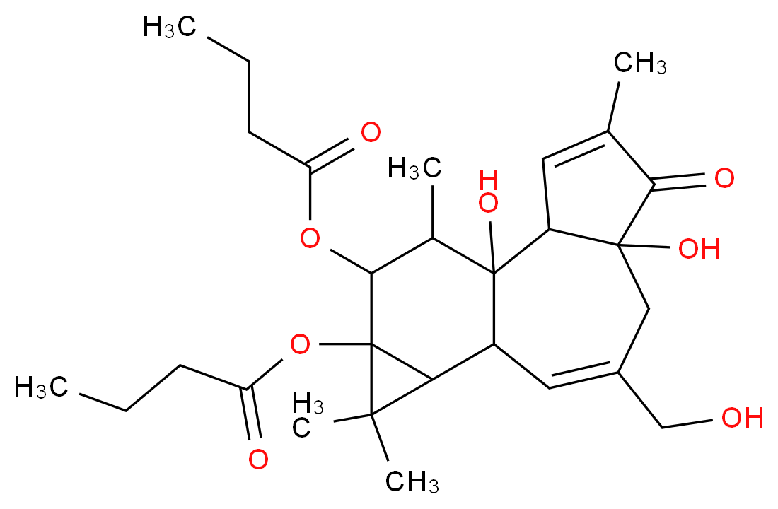 14-(butanoyloxy)-1,6-dihydroxy-8-(hydroxymethyl)-4,12,12,15-tetramethyl-5-oxotetracyclo[8.5.0.0^{2,6}.0^{11,13}]pentadeca-3,8-dien-13-yl butanoate_分子结构_CAS_37558-16-0