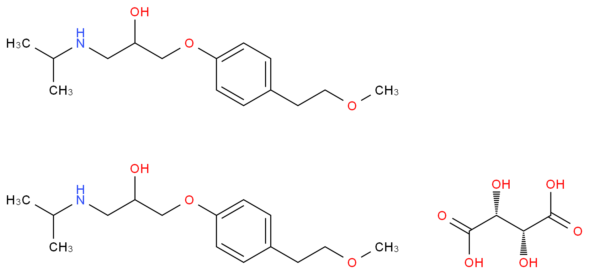 (2R,3R)-2,3-dihydroxybutanedioic acid; bis({2-hydroxy-3-[4-(2-methoxyethyl)phenoxy]propyl}(propan-2-yl)amine)_分子结构_CAS_392-17-7