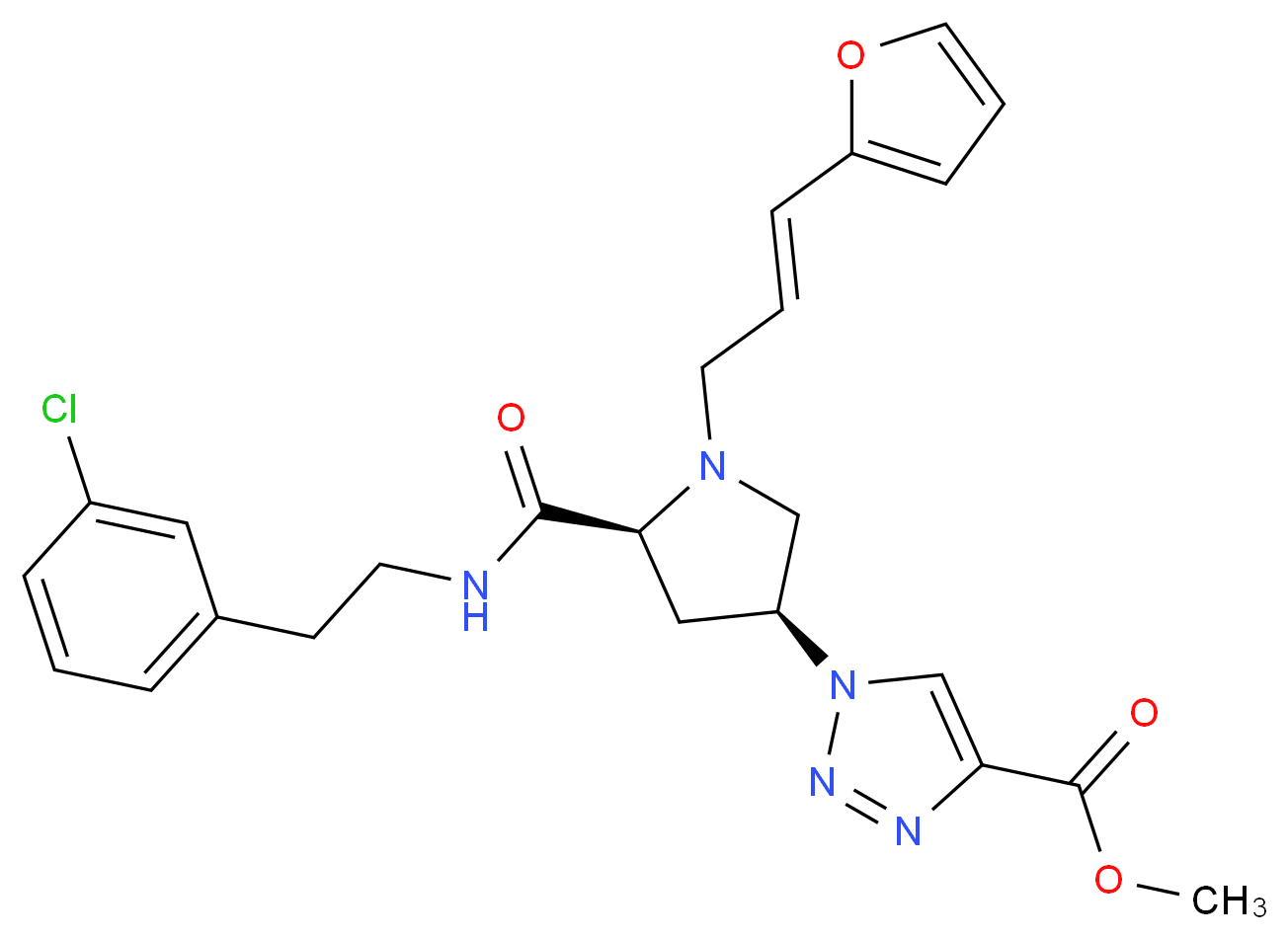 methyl 1-{(3S,5S)-5-({[2-(3-chlorophenyl)ethyl]amino}carbonyl)-1-[(2E)-3-(2-furyl)-2-propen-1-yl]-3-pyrrolidinyl}-1H-1,2,3-triazole-4-carboxylate_分子结构_CAS_)