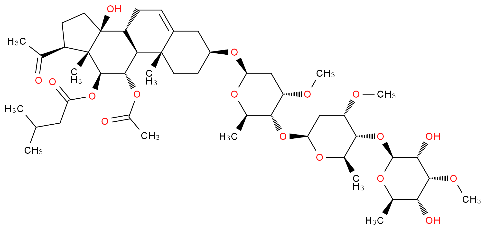 (1S,2R,5S,10R,11S,14S,15S,16S,17S)-14-acetyl-17-(acetyloxy)-5-{[(2R,4S,5R,6R)-5-{[(2S,4S,5R,6R)-5-{[(2S,3R,4R,5R,6R)-3,5-dihydroxy-4-methoxy-6-methyloxan-2-yl]oxy}-4-methoxy-6-methyloxan-2-yl]oxy}-4-methoxy-6-methyloxan-2-yl]oxy}-11-hydroxy-2,15-dimethyltetracyclo[8.7.0.0<sup>2</sup>,<sup>7</sup>.0<sup>1</sup><sup>1</sup>,<sup>1</sup><sup>5</sup>]heptadec-7-en-16-yl 3-methylbutanoate_分子结构_CAS_20230-41-5